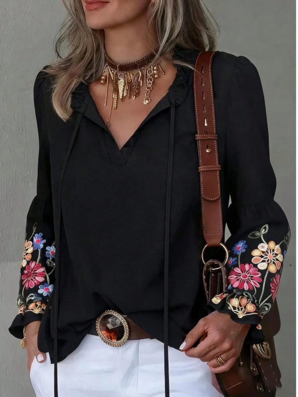 Black Boho Blouse Long Sleeve Floral Embroidery Neck Ties